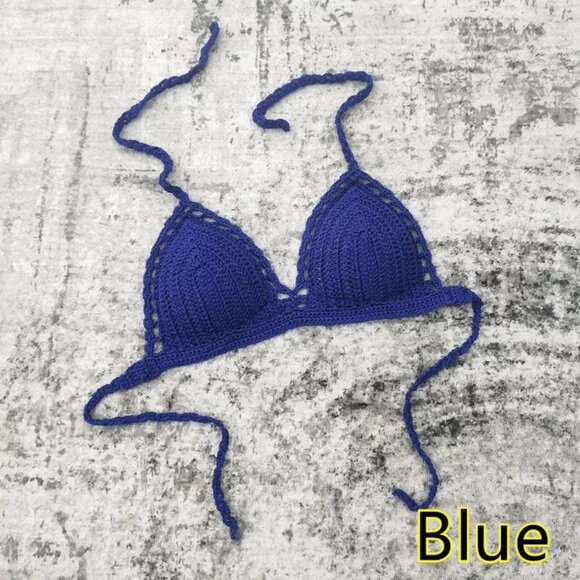 Blue Handmade Crochet Bikini Top Bra Halter Tie Swimwear Beach Boho S-XL - Picture 3 of 4